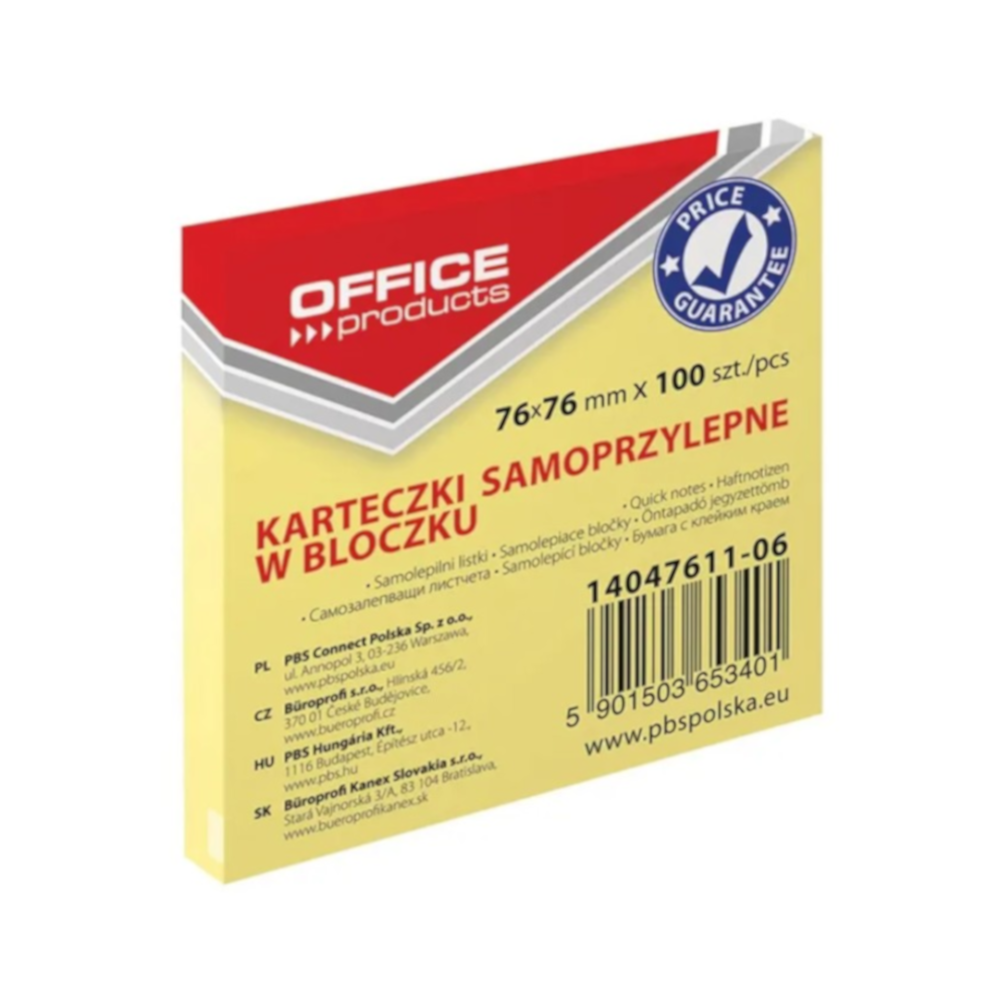 Bloczek samoprzylepny Office Products 76x76mm 100szt, jasnożółte