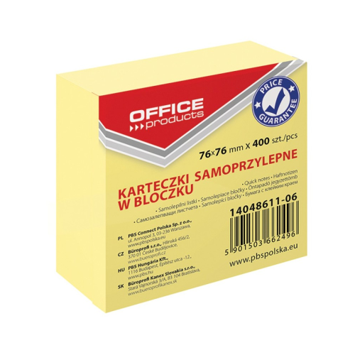 Bloczek, kostka samoprzylepna Office Products 76x76mm 400szt,jasnożółta